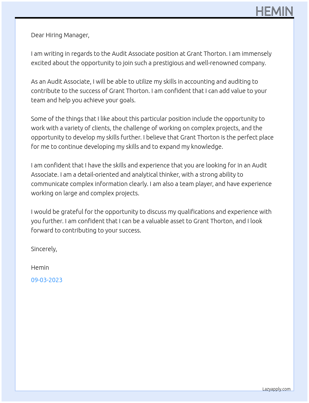 audit associate At Grant Thorton Cover Letter