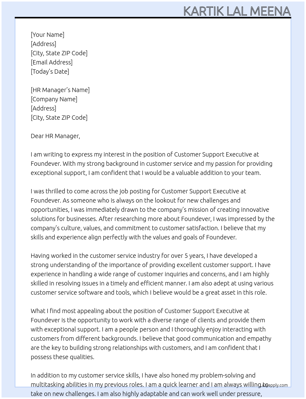 Customer support executive At Foundever Cover Letter