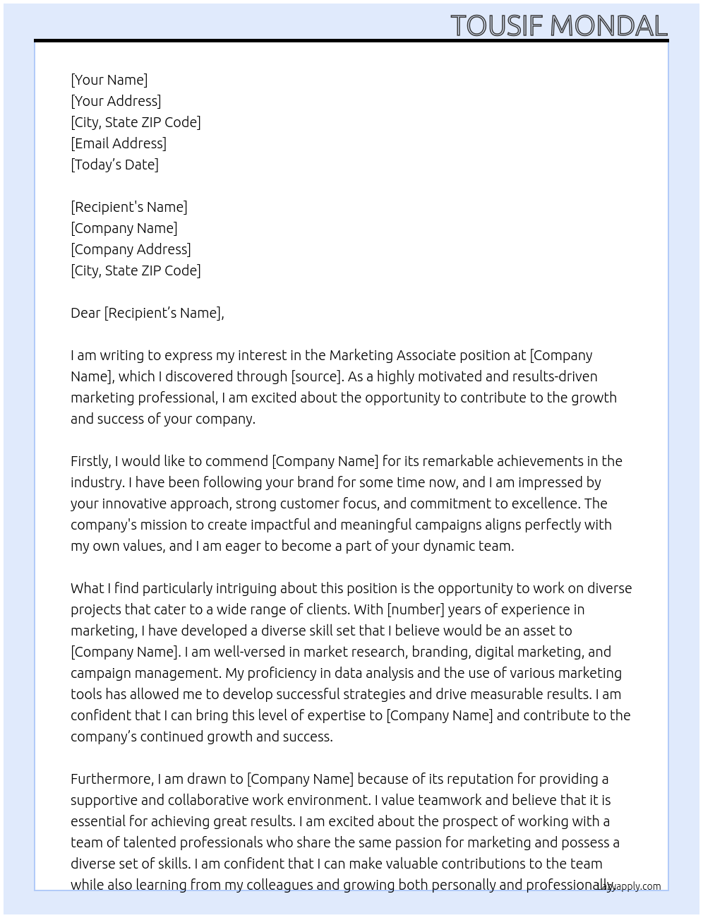 Marketing Associate At xyz Cover Letter