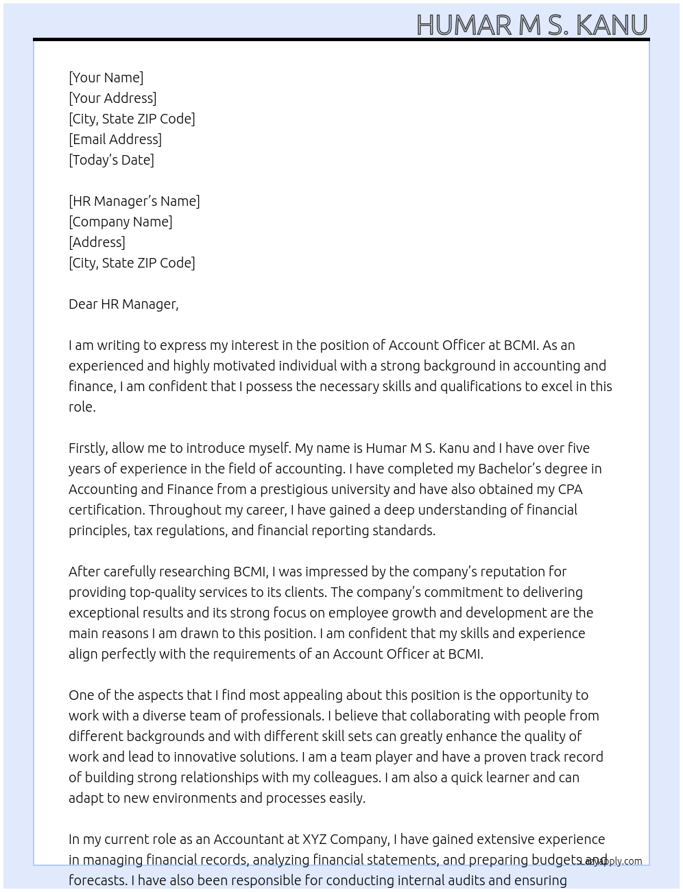 Account OFFICER At BCMI Cover Letter