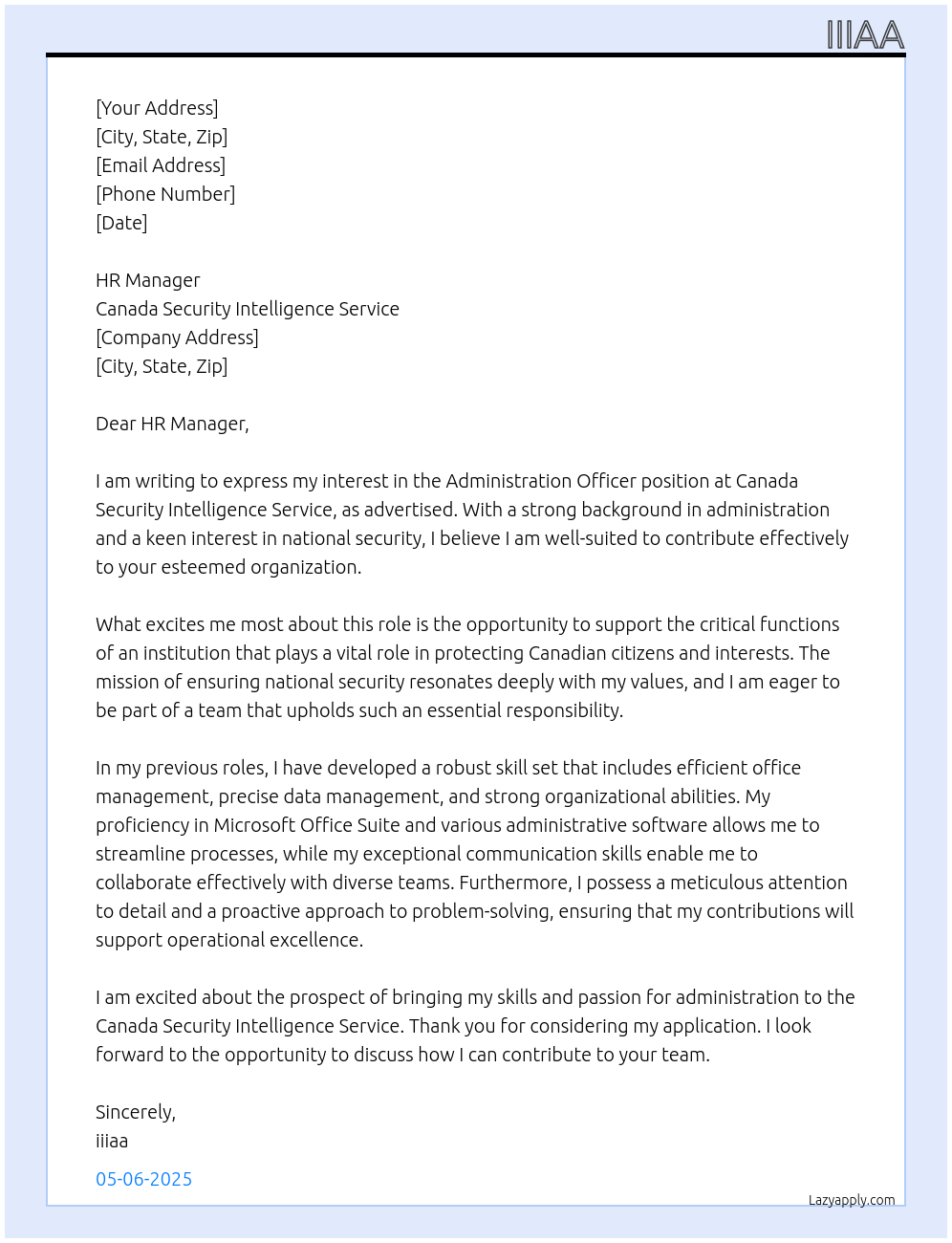 Administration Officer At Canada Security Intelligence Service Cover Letter
