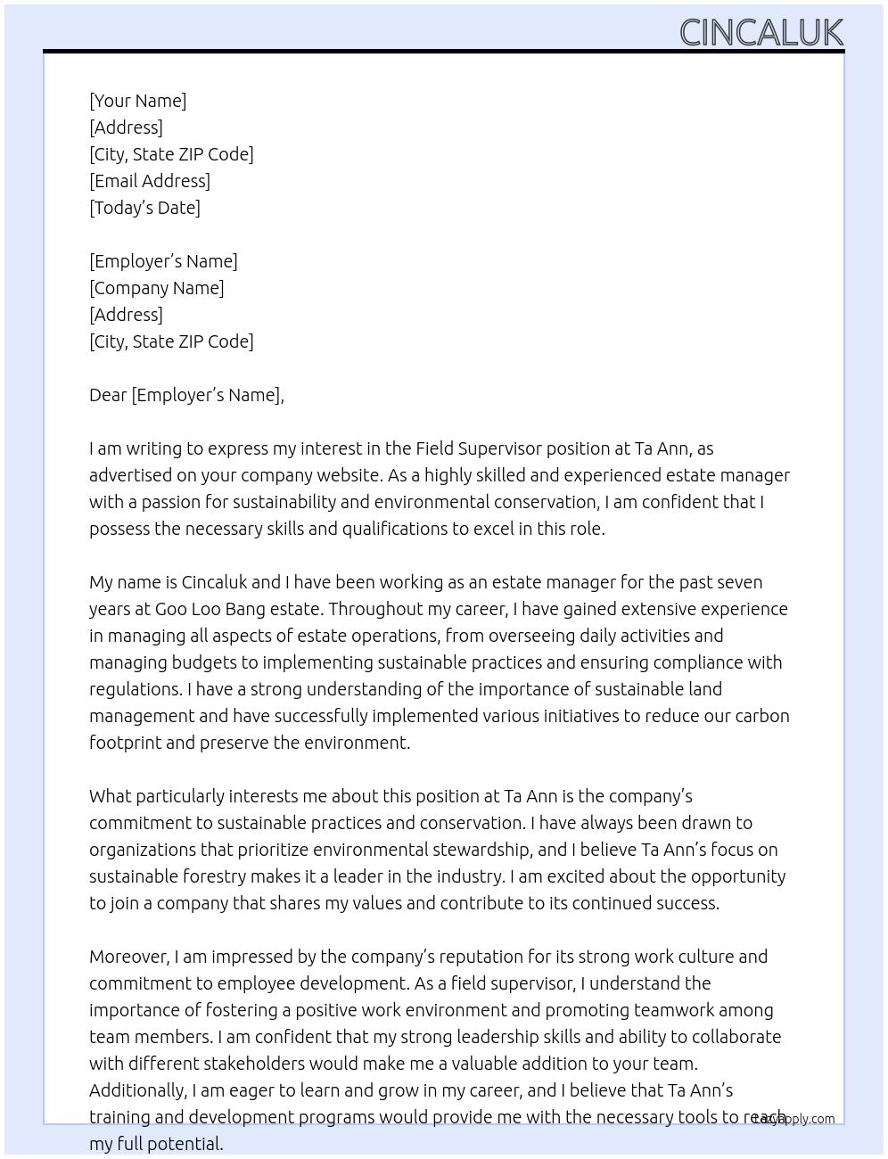 field supervisor At Ta ann Cover Letter