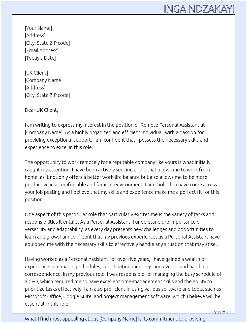 Remote Personal Assistant At UK Client Cover Letter
