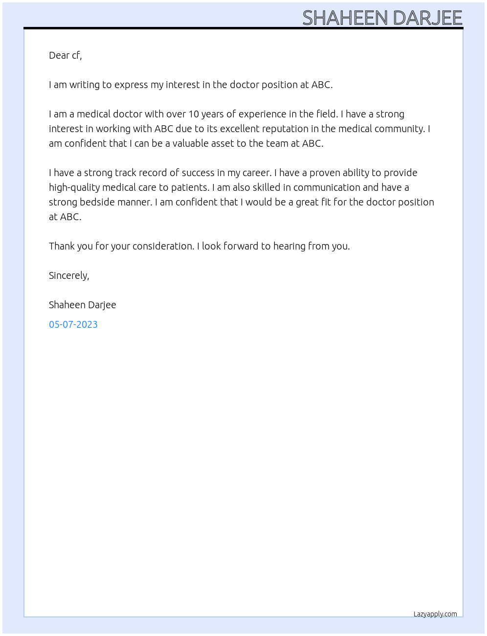 doctor At ABC Cover Letter