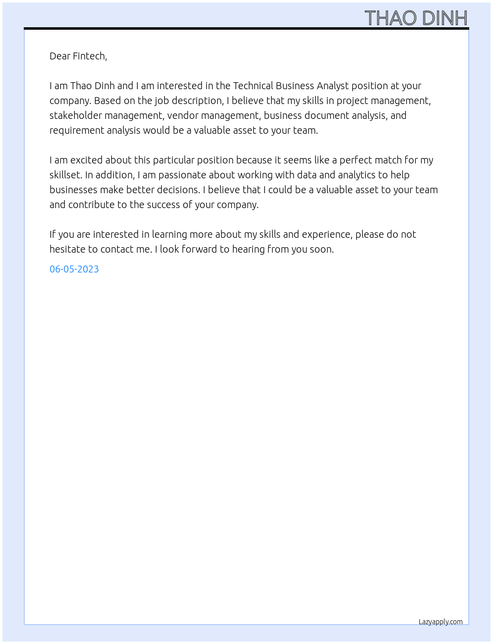 Technical business analyst At Fintech Cover Letter