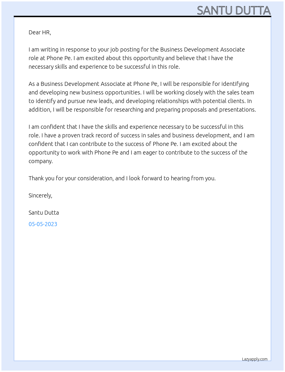 BUSINESS DEVELOPMENT ASSOCIATE At PHONE PE Cover Letter
