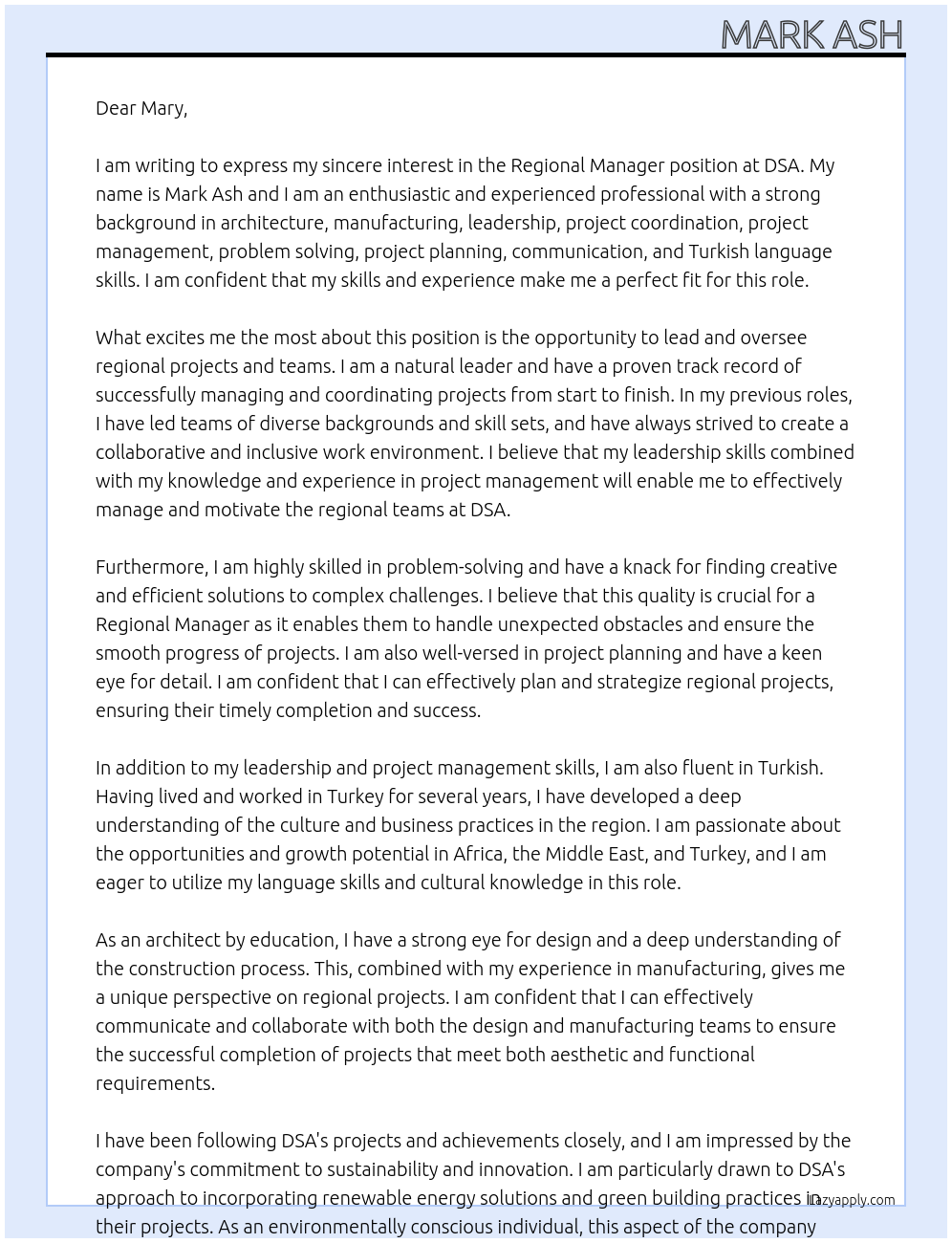 regional manager At dsa Cover Letter