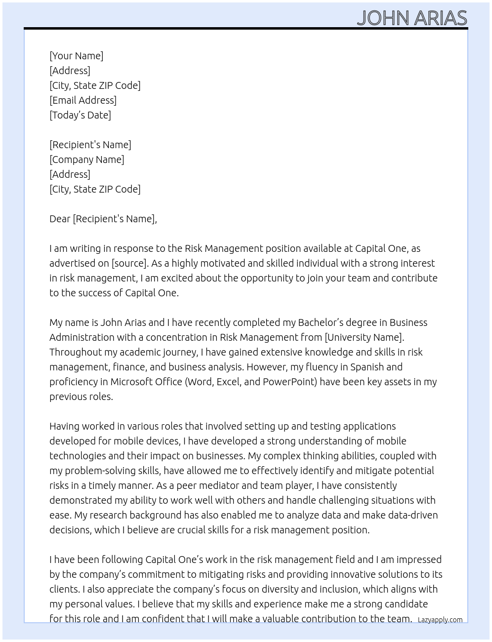 Risk Management At Capital One Cover Letter