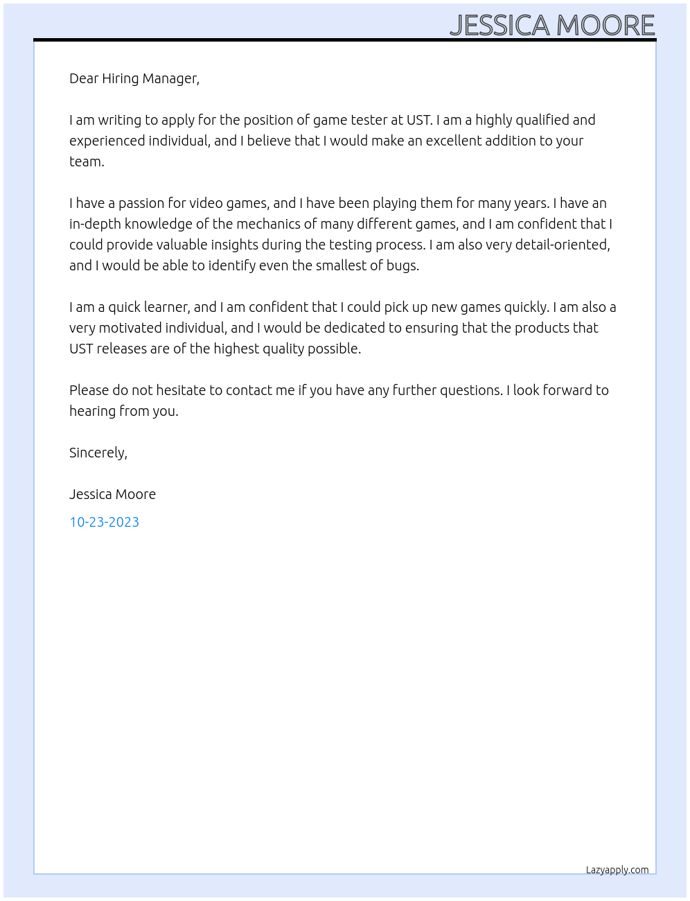 Game Tester At UST Cover Letter