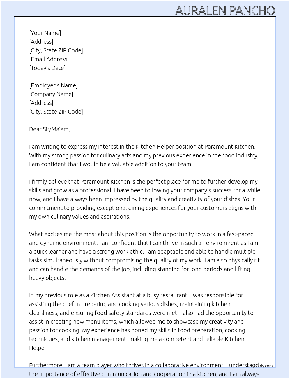 Kitchen Helper At Paramount Kitchen Cover Letter