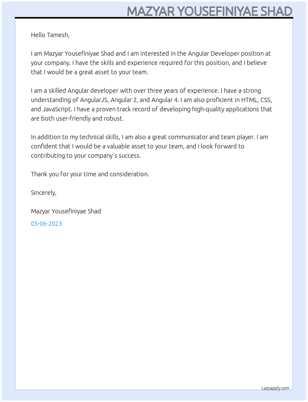 Angular Developer At Tamesh Cover Letter