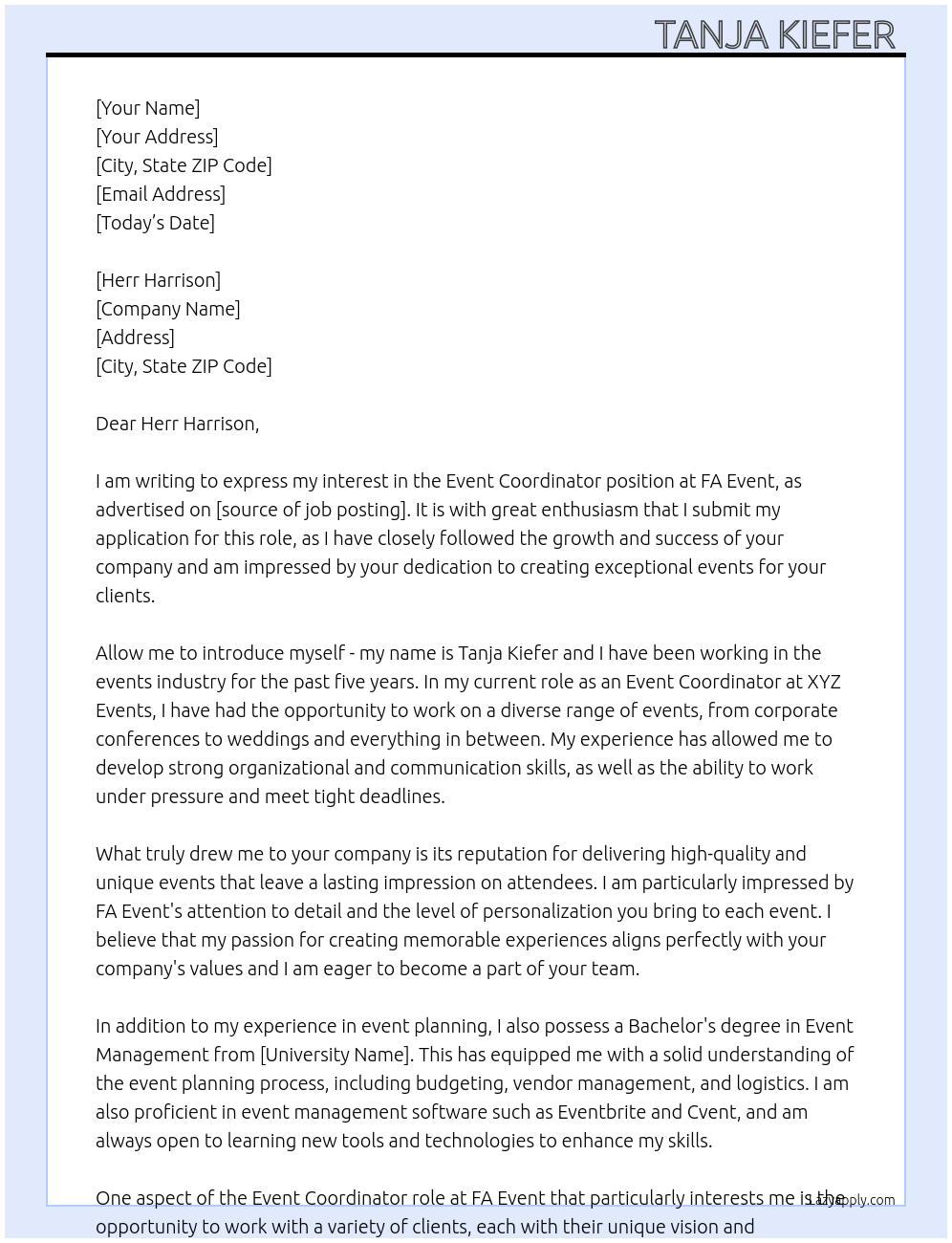 Event Coordinator  At FA Event  Cover Letter