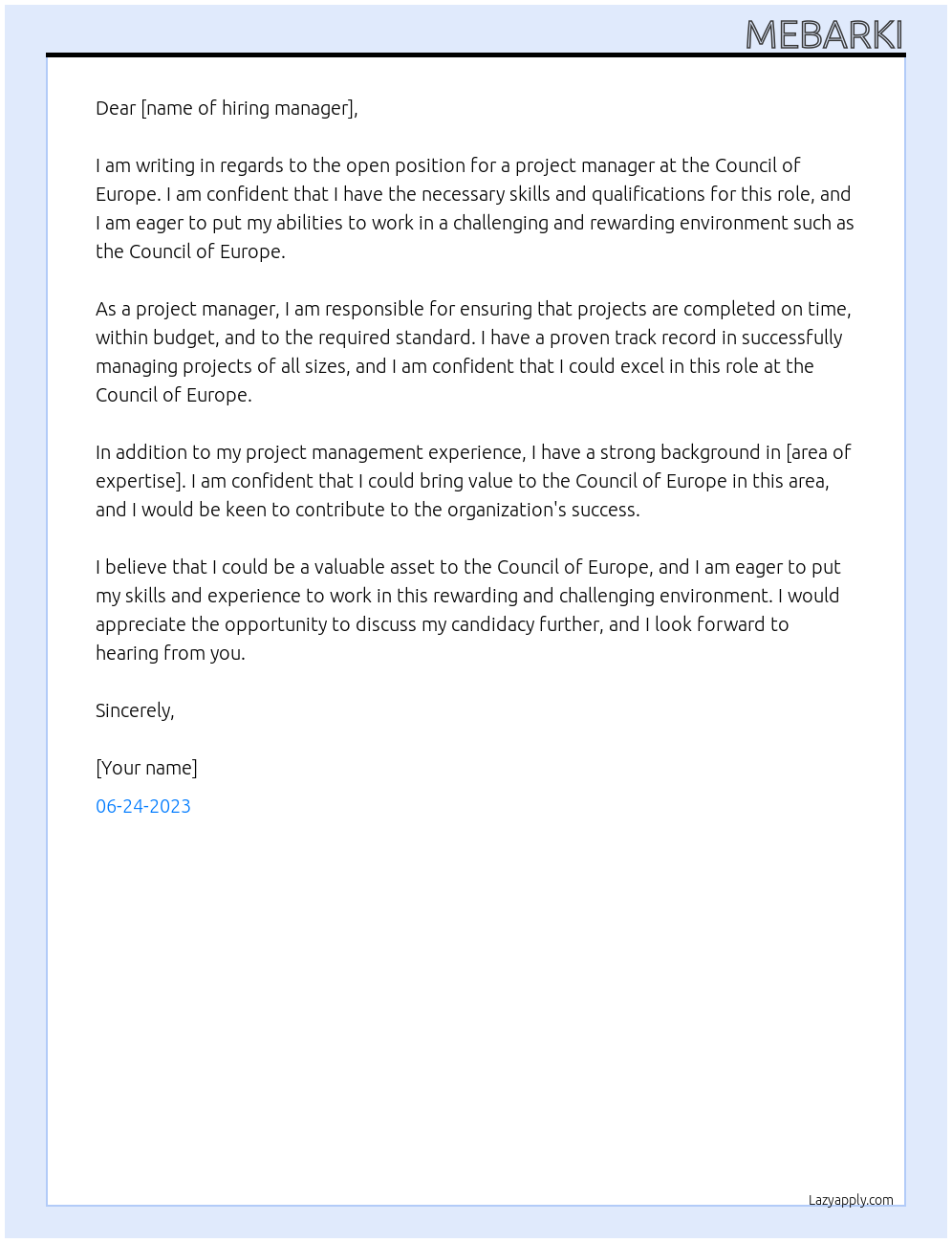 project manager At council of europe Cover Letter