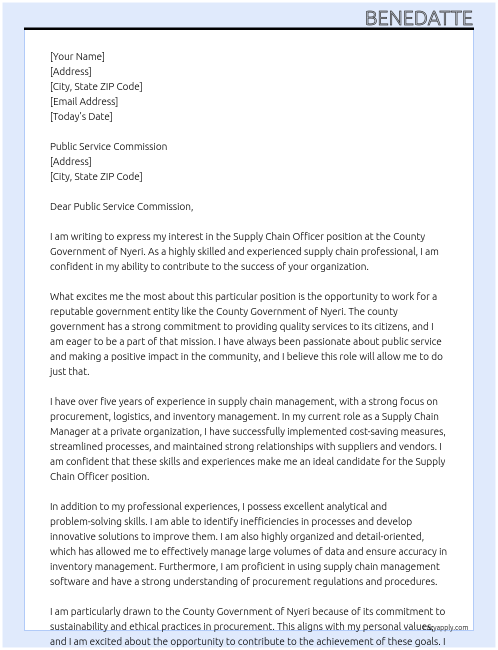 Supply chain officer  At County government of Nyeri  Cover Letter