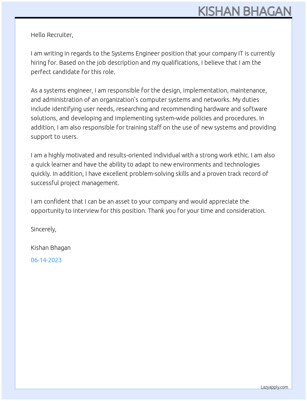 Systems Engineer At IT Cover Letter