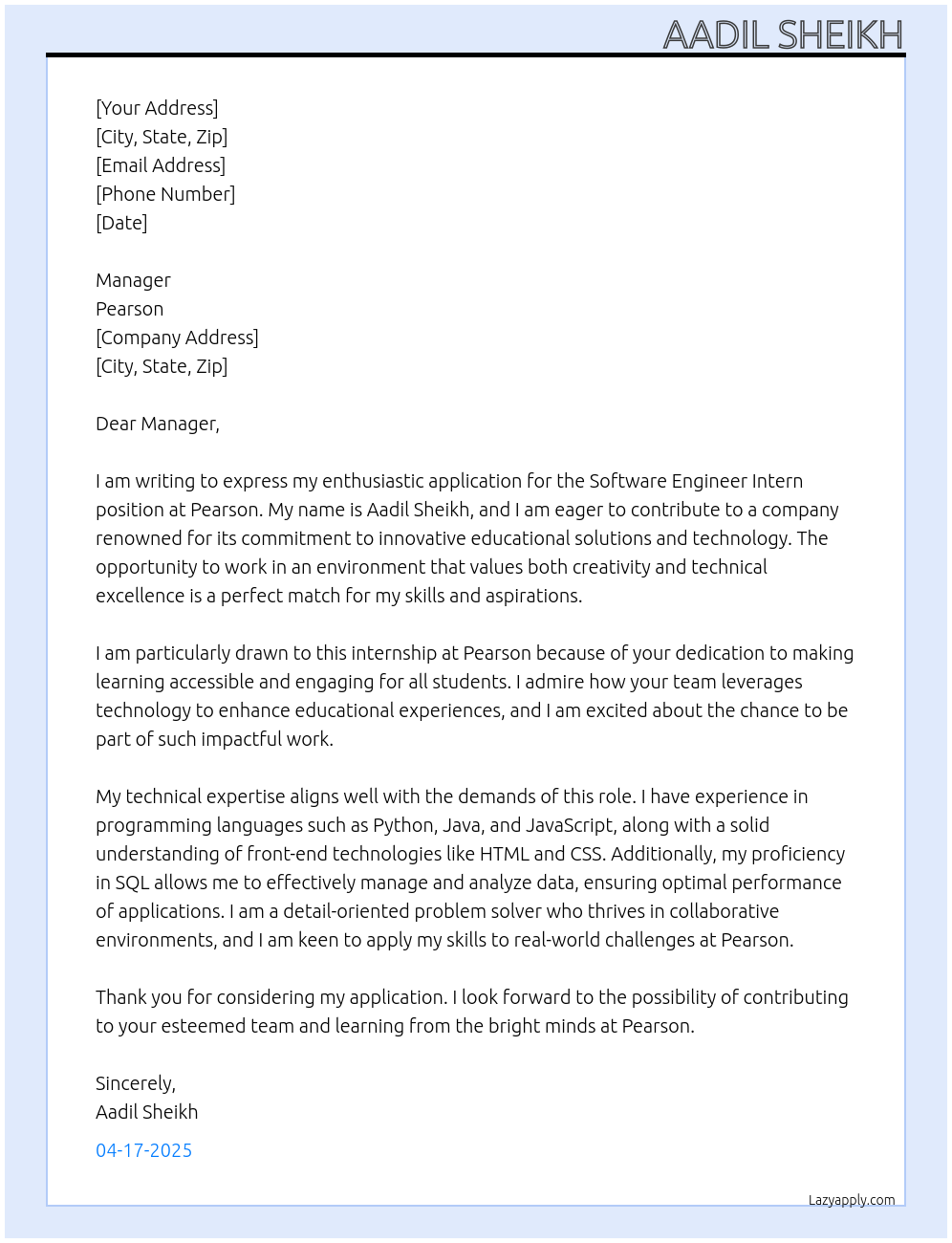 Intern in- software engineer PMC At Pearson Cover Letter