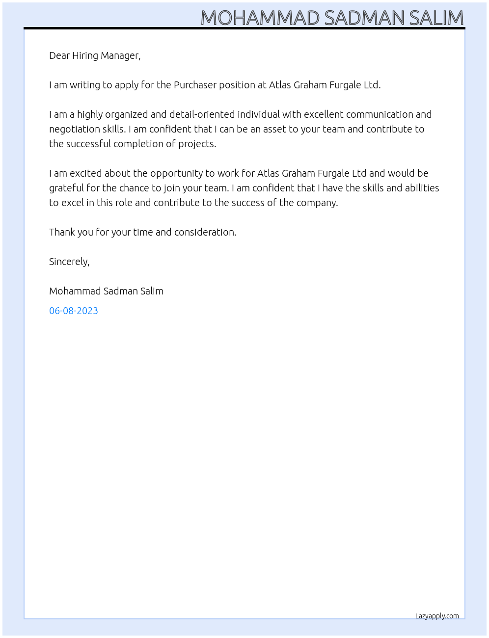 Purchaser At Atlas Graham Furgale Ltd Cover Letter