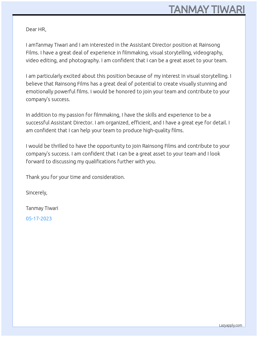 Assistant Director At Rainsong Films Cover Letter