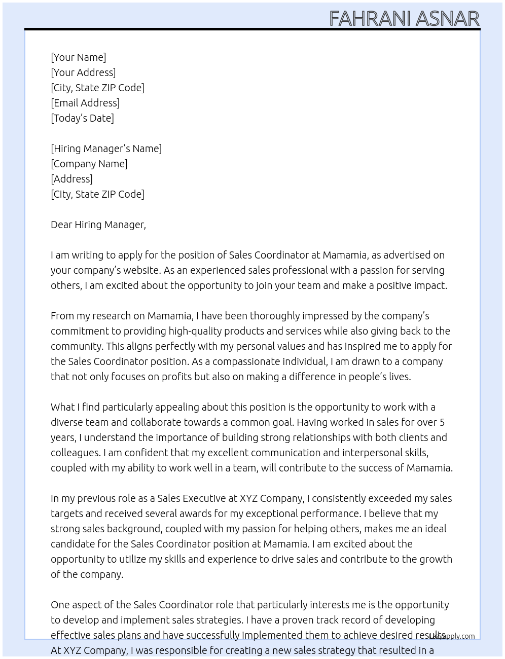 Sales Coordinator  At Mamamia Cover Letter