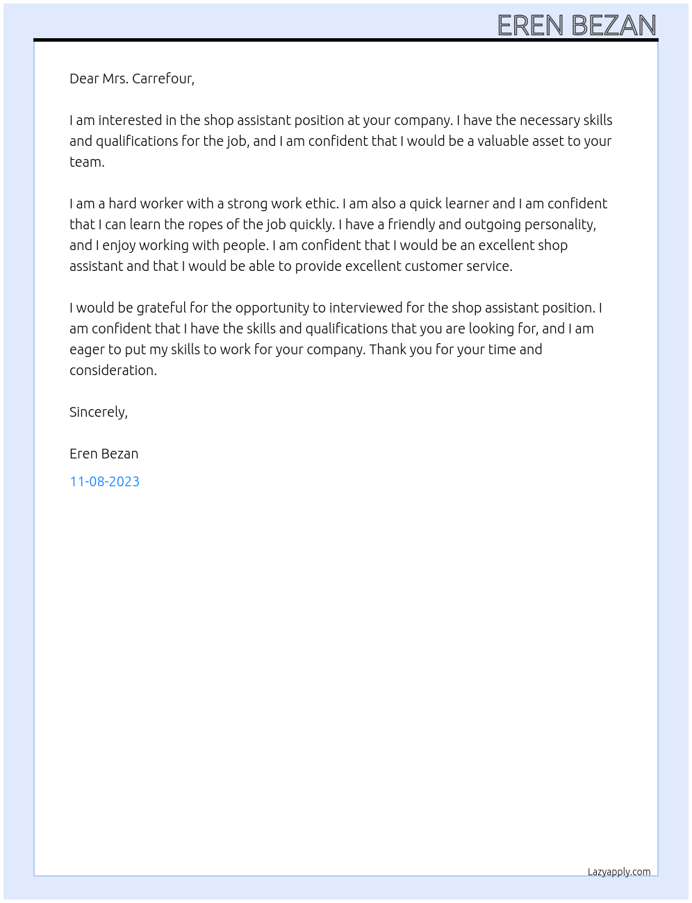 Shop Assistant At Carrefour Cover Letter