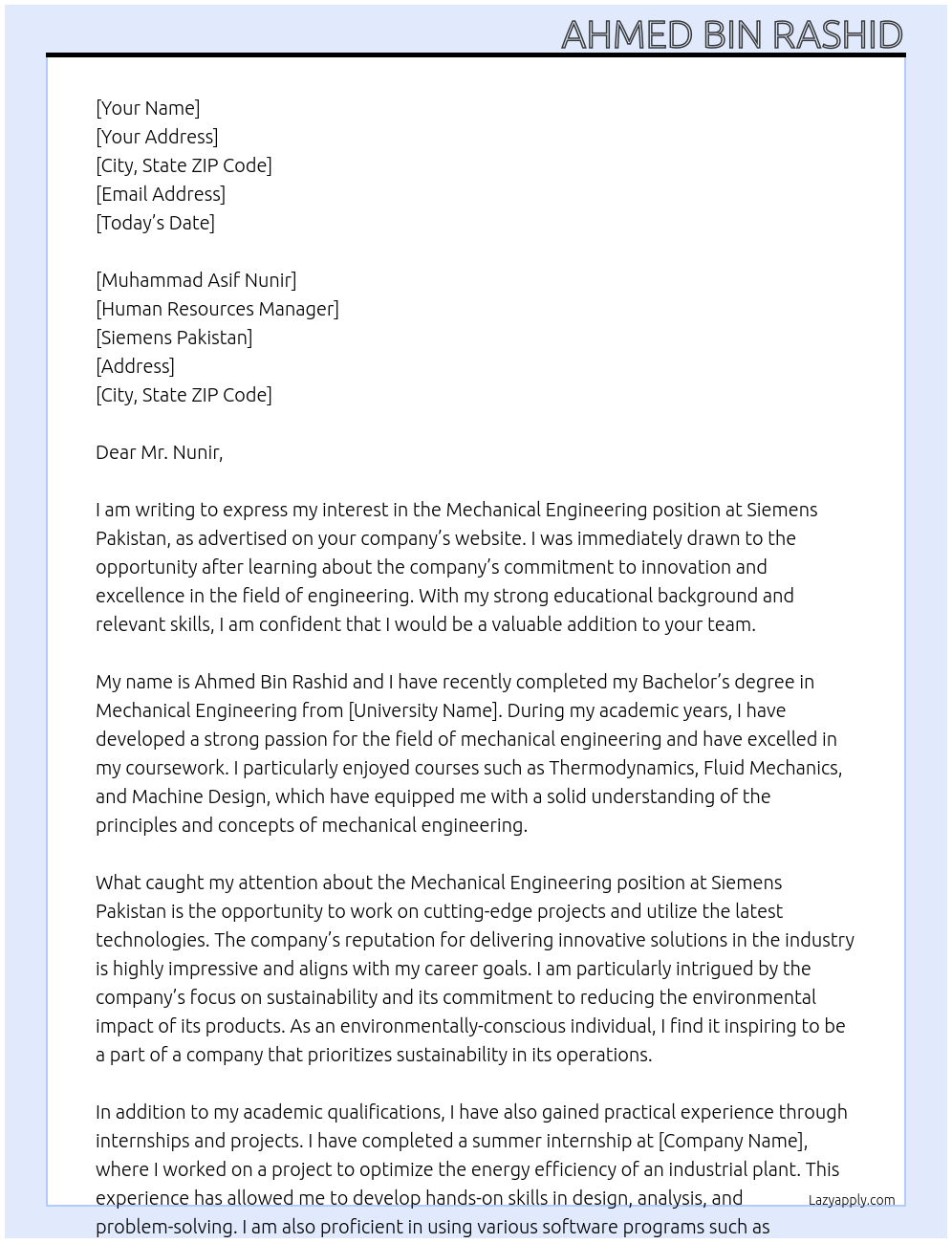 Mechanical Engineering At Siemens Pakistan Cover Letter