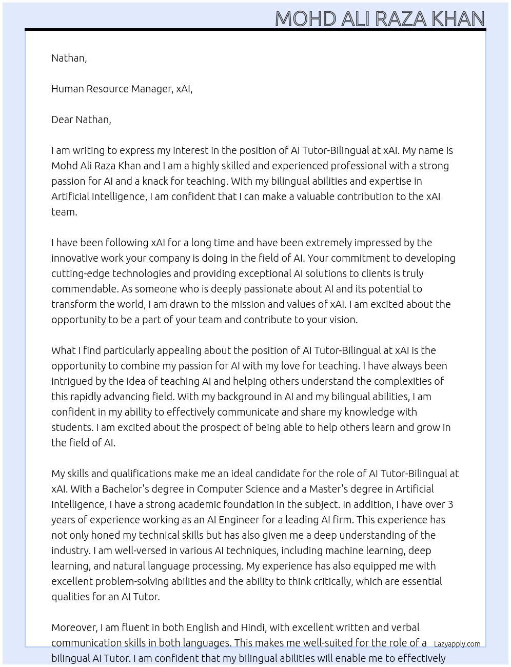 AI Tutor-BIlingual At xAI Cover Letter