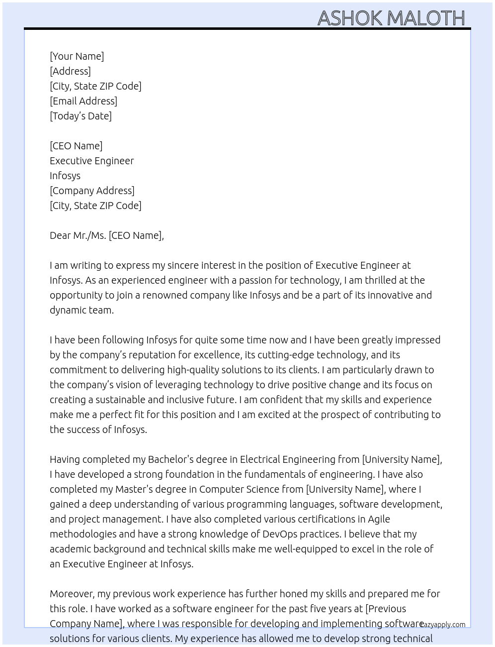Executive engineer At Infosys Cover Letter