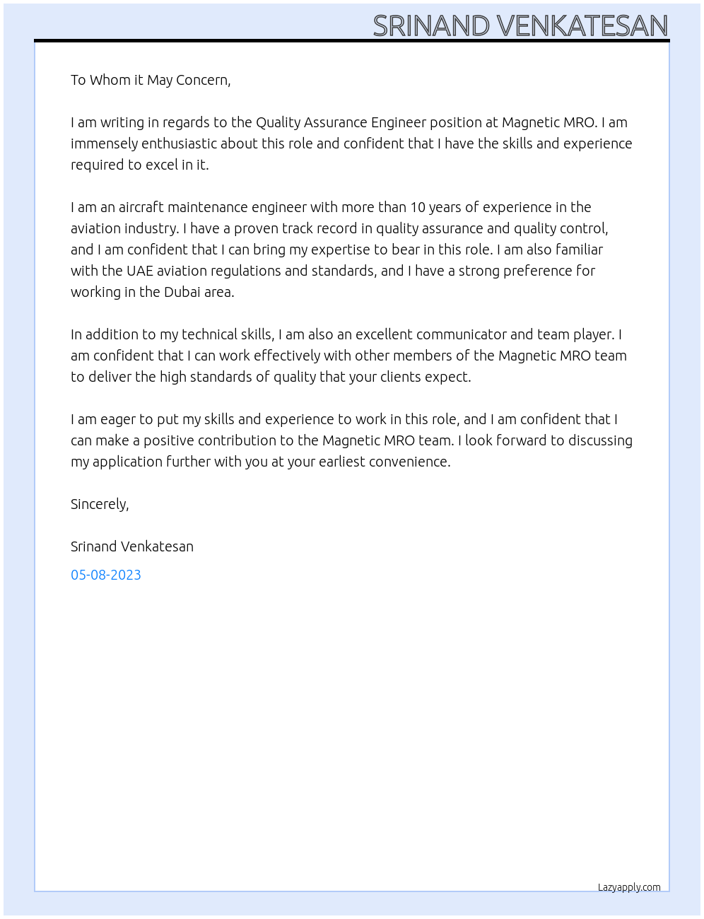 quality assurance engineer At magnetic mro Cover Letter