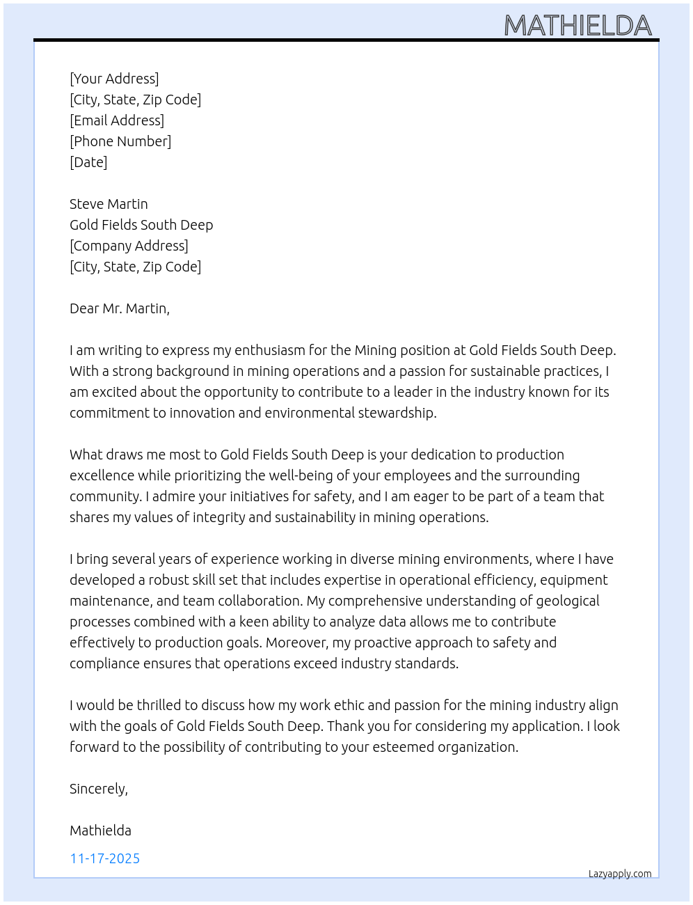 mining At gold fields south deep Cover Letter