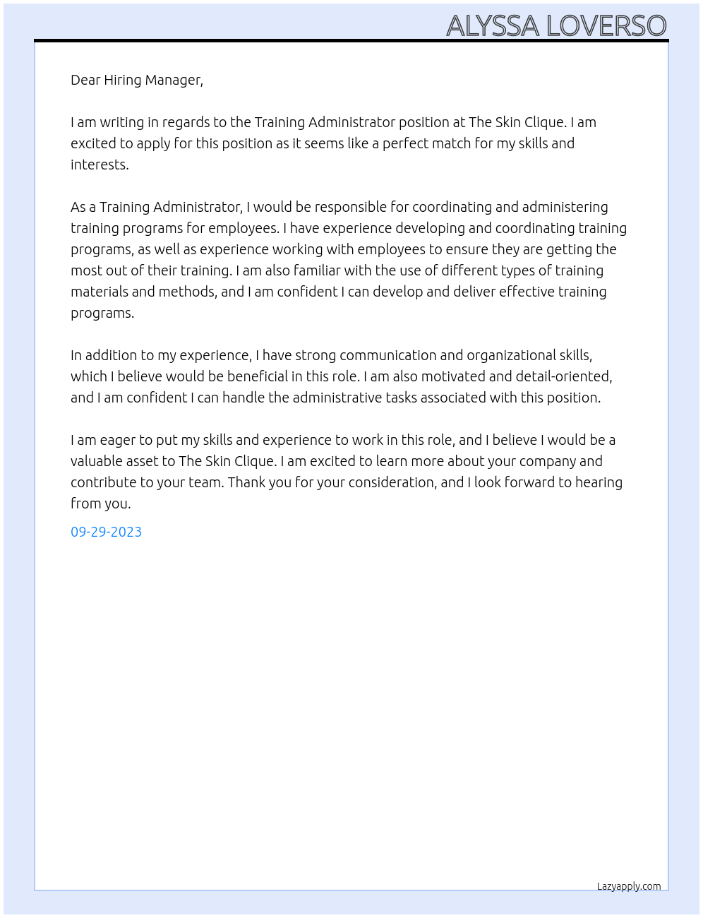 Training Administrator At The Skin Clique  Cover Letter