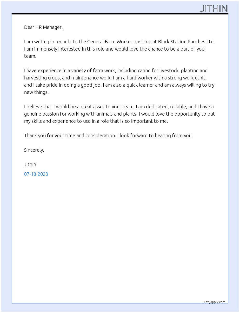 General Farm Worker  At Black Stallion Ranches Ltd  Cover Letter