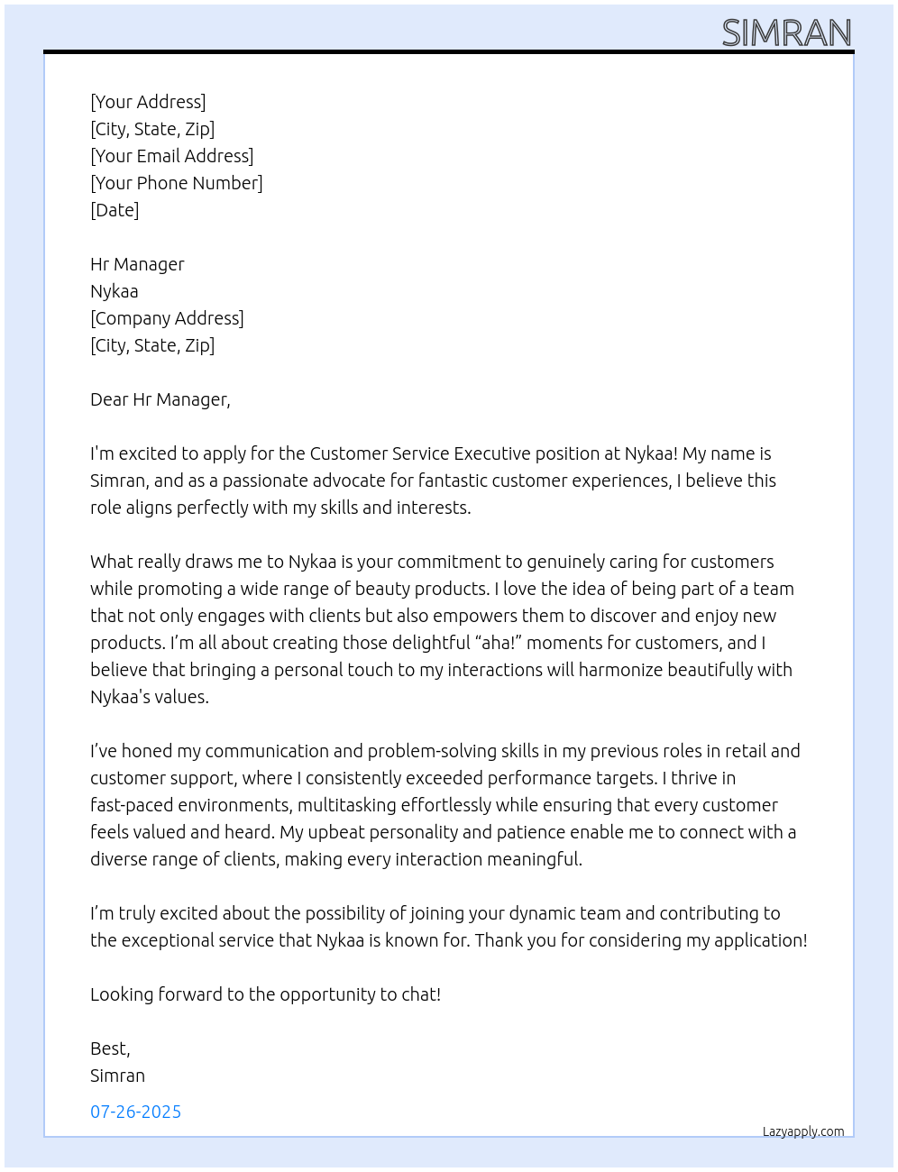 Customer service Executive At Nykaa Cover Letter