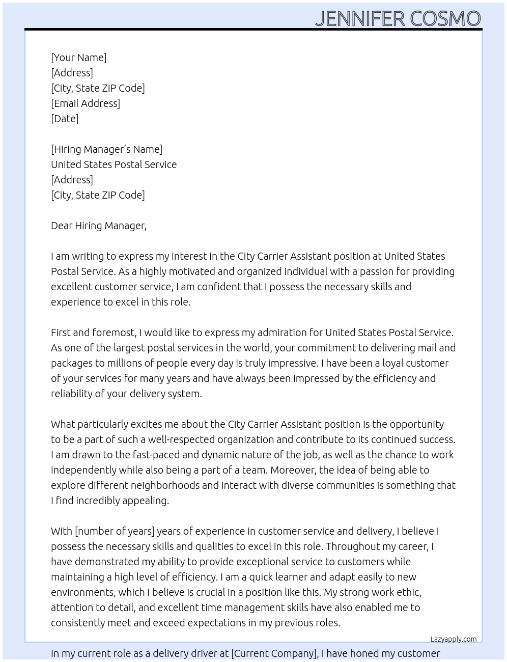 City Carrier Assistant At United states postal service Cover Letter