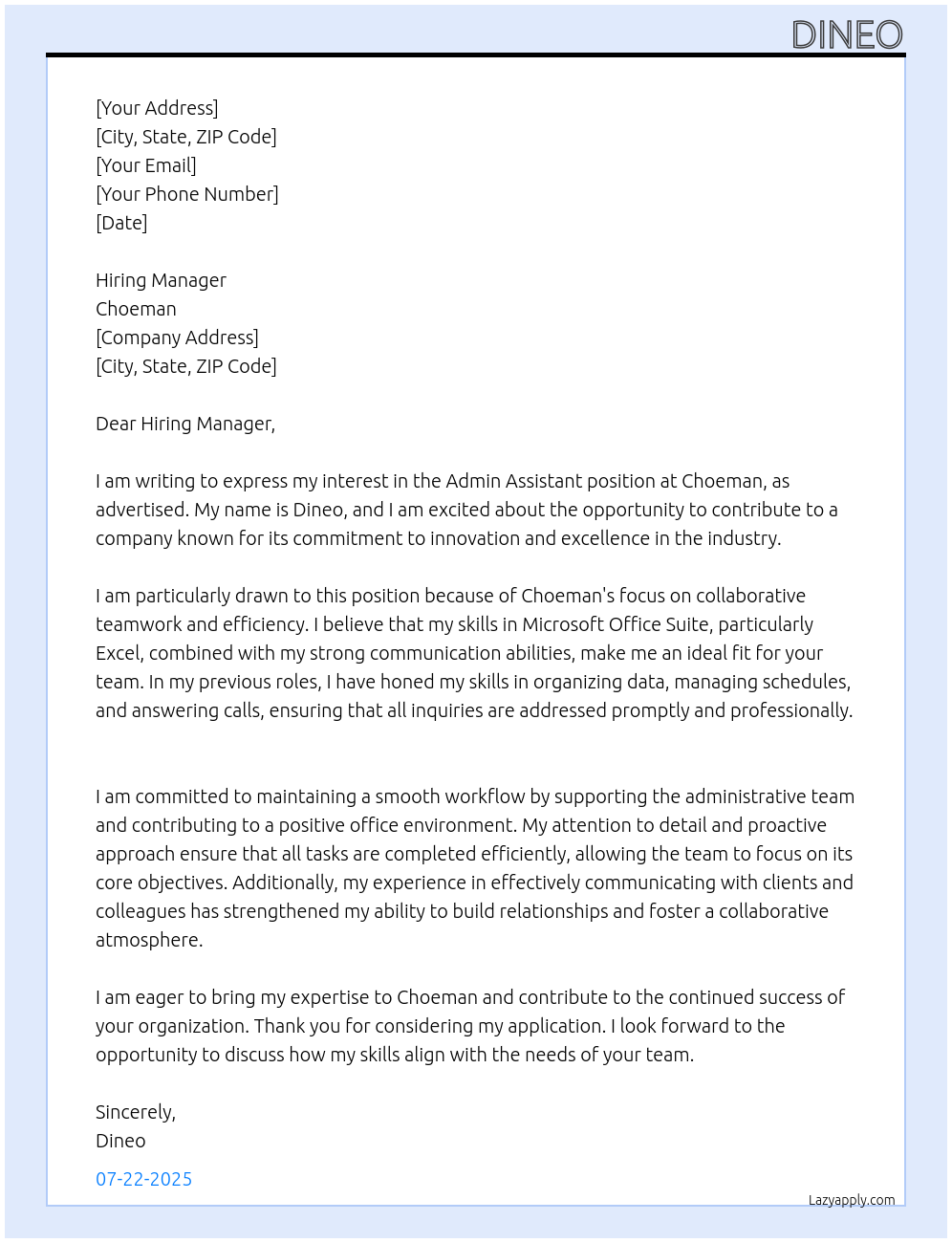 admin assistant At choeman Cover Letter