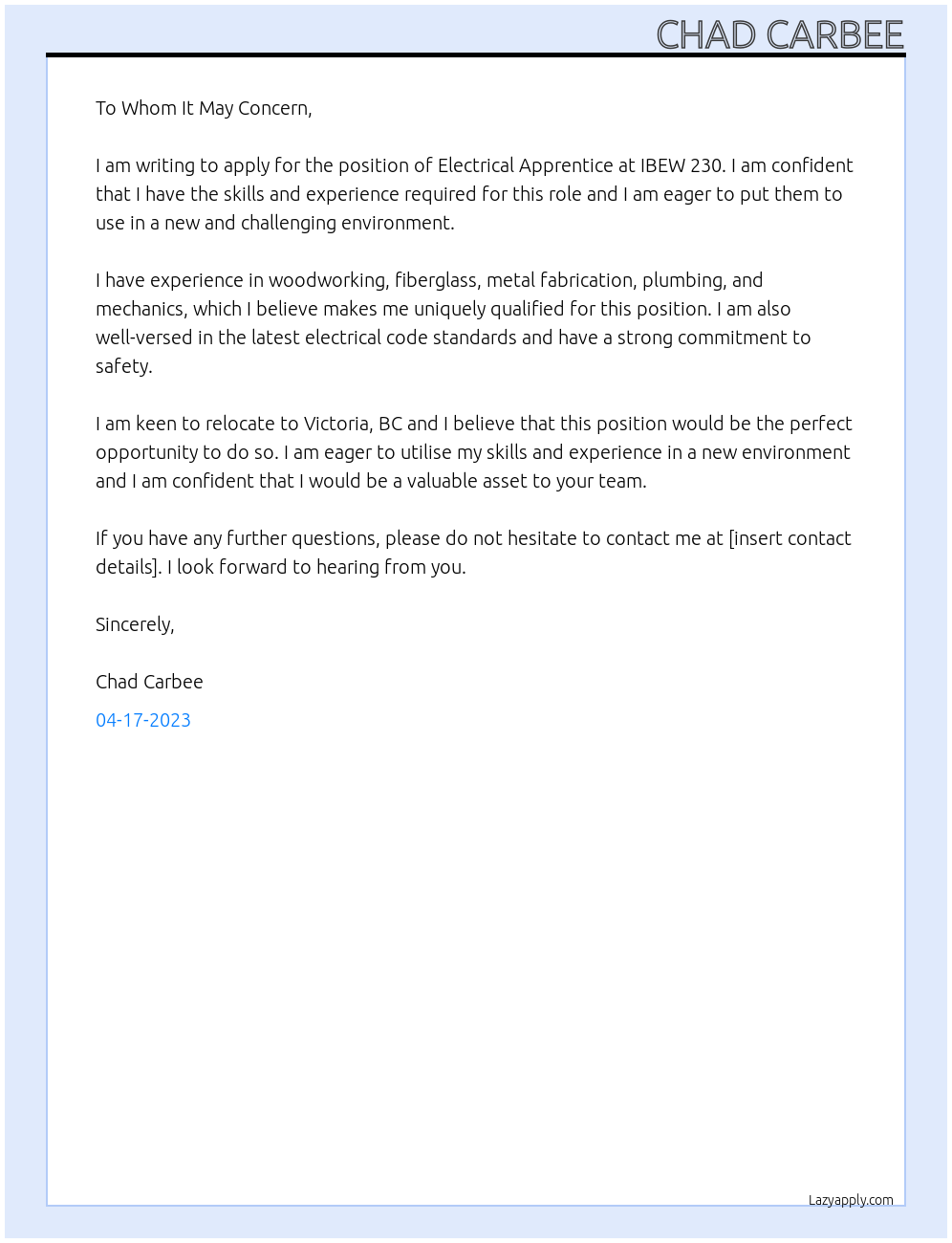 Electrical apprentice At IBEW 230 Cover Letter