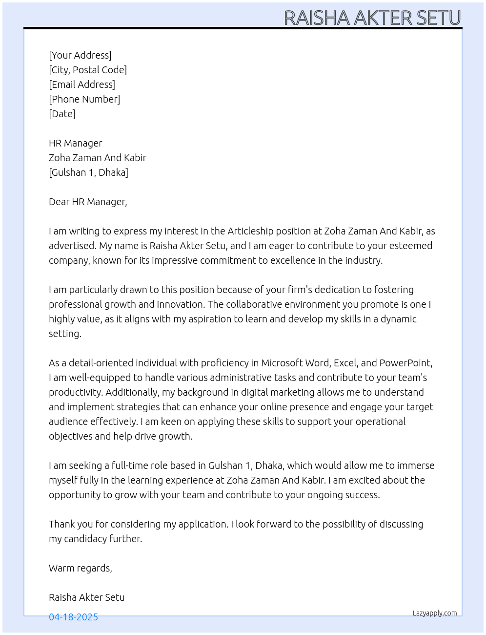 Articleship At Zoha Zaman And Kabir Cover Letter