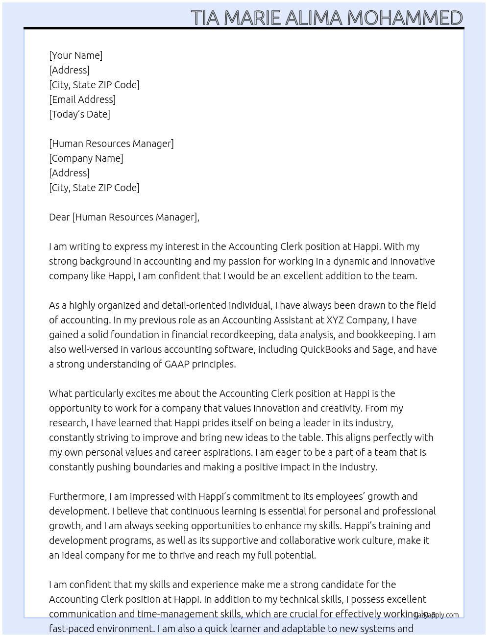 accounting clerk At Happi Cover Letter