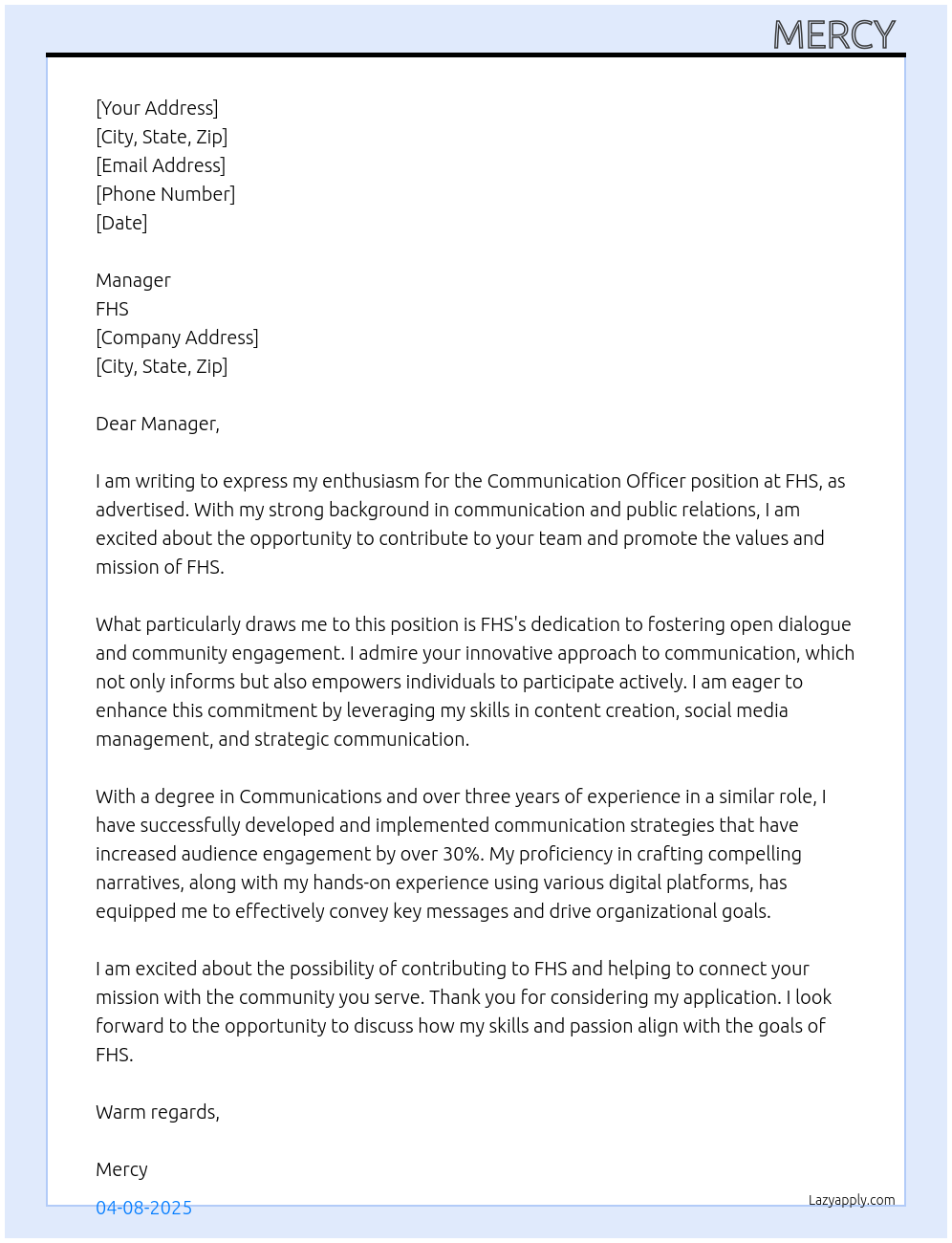 Communication officer At Fhs Cover Letter