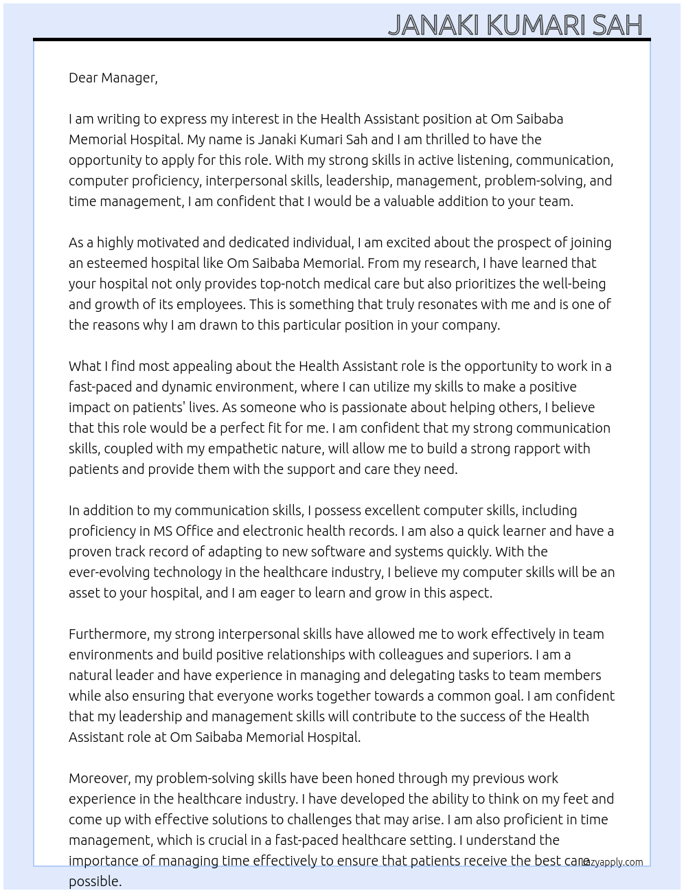 Health Assistant At om saibaba memorial hospital Cover Letter