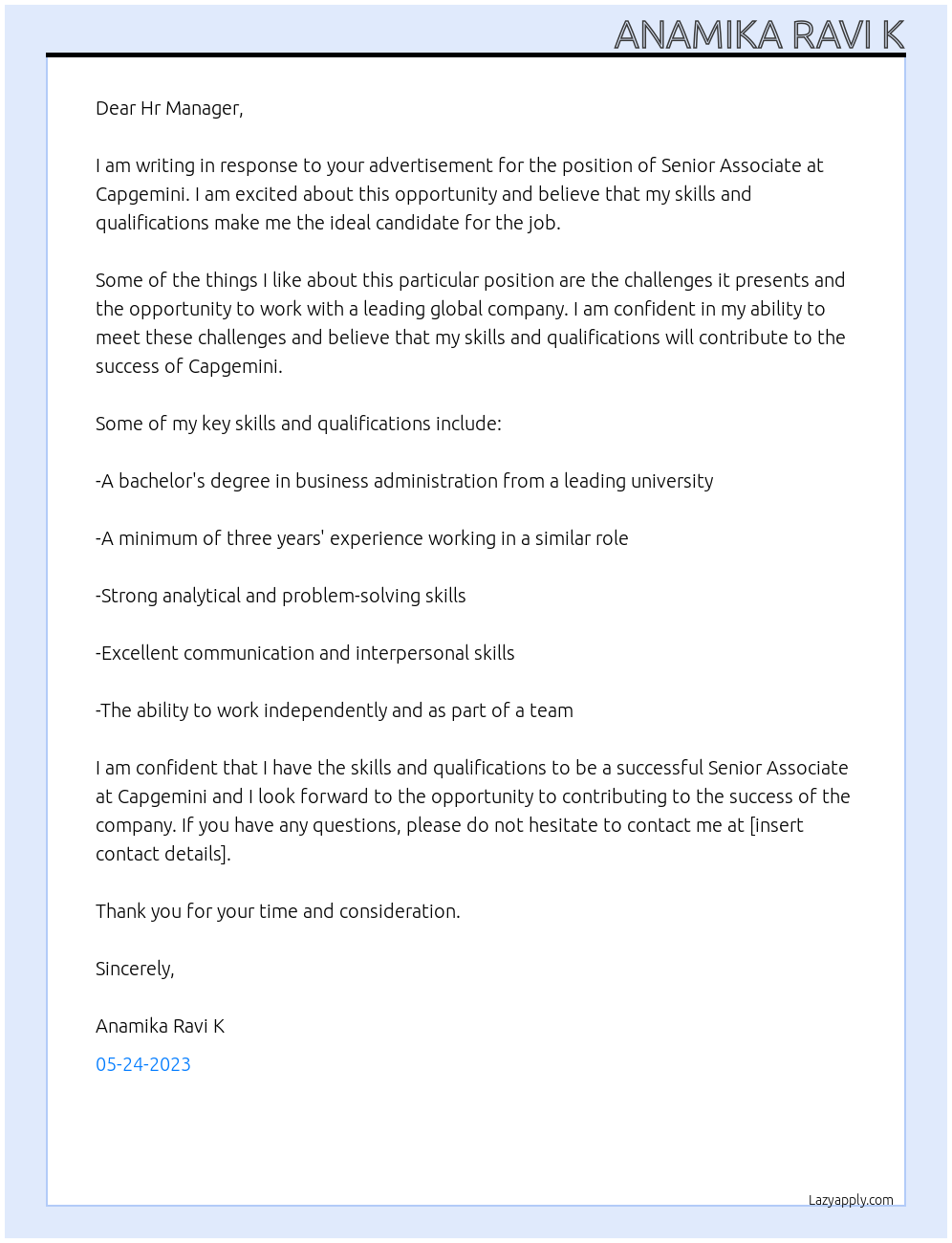 Senior Associate At Capgemini Cover Letter