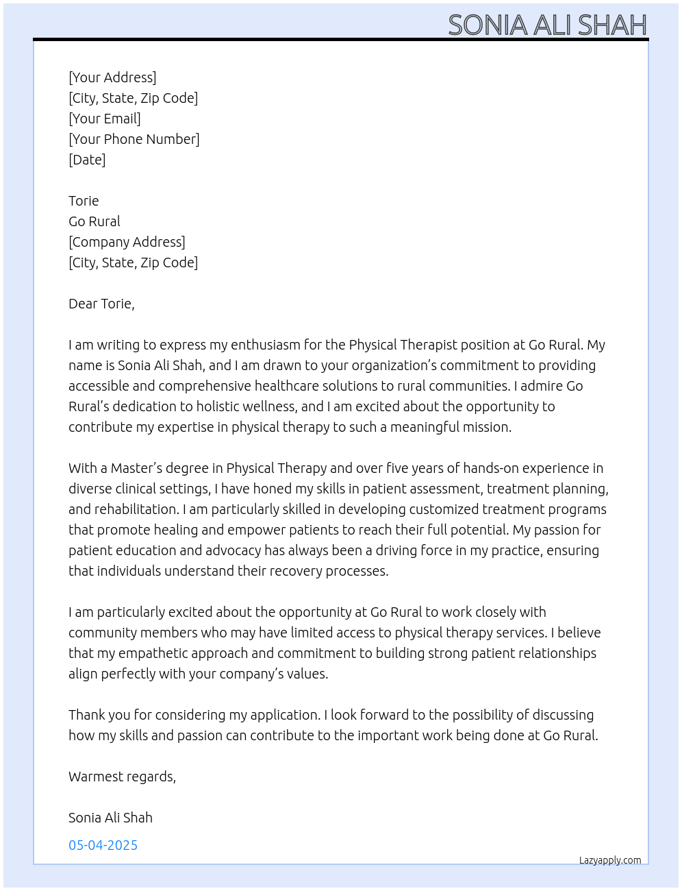 Cover letter for physical therapist - LazyApply