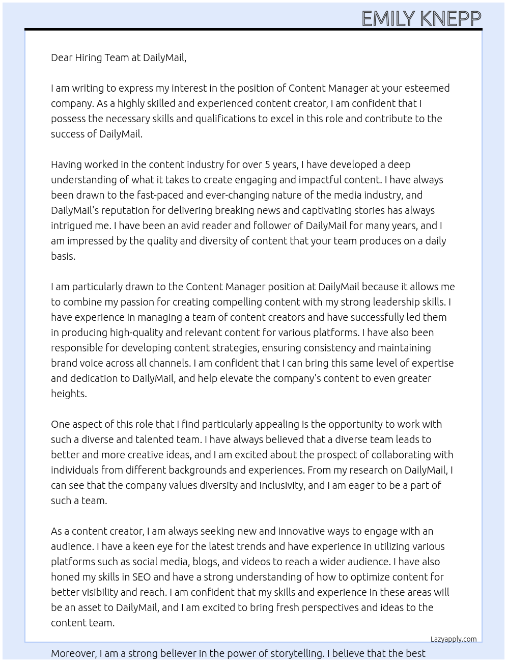 Content Manager At DailyMail Cover Letter