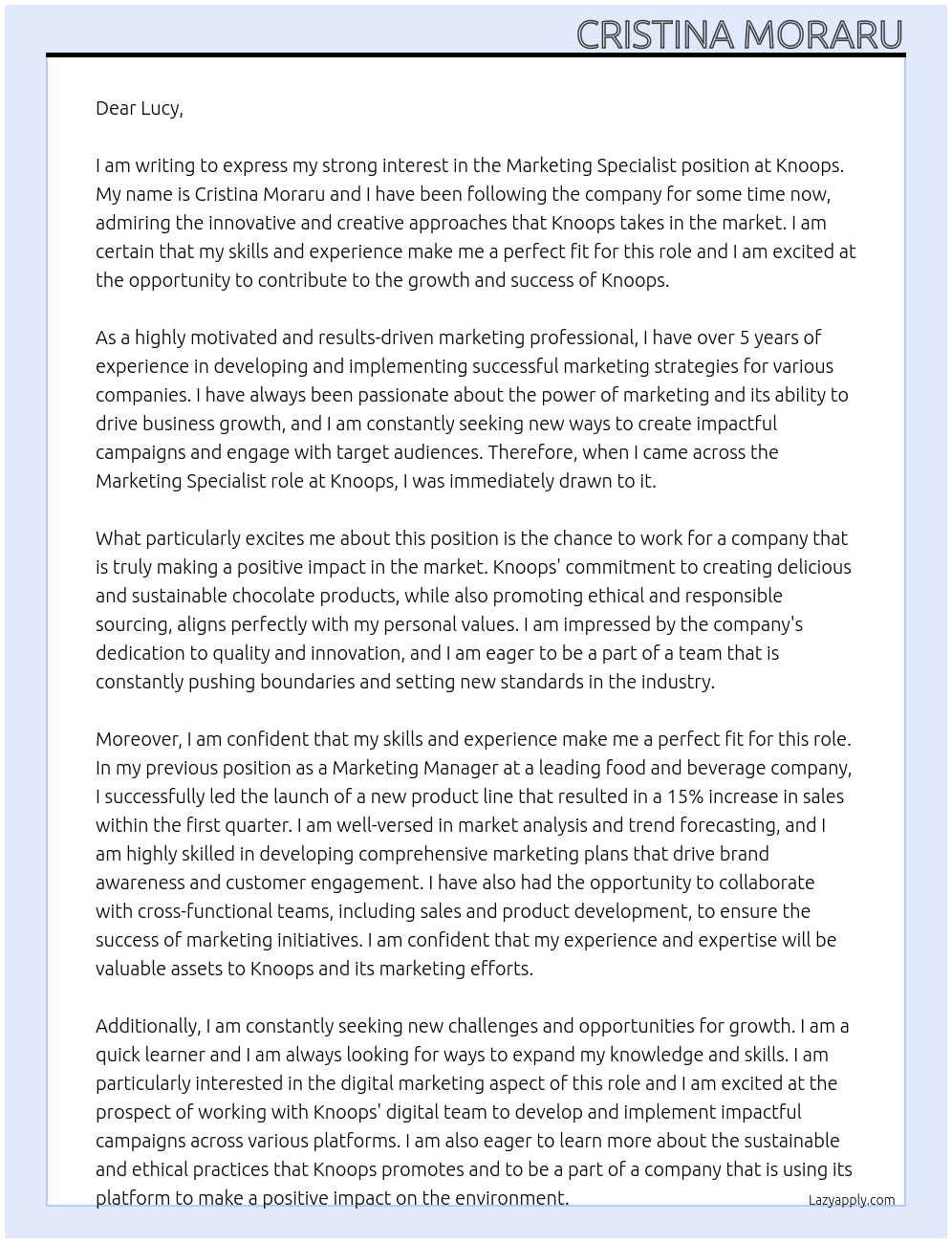 Marketing specialist At Knoops Cover Letter