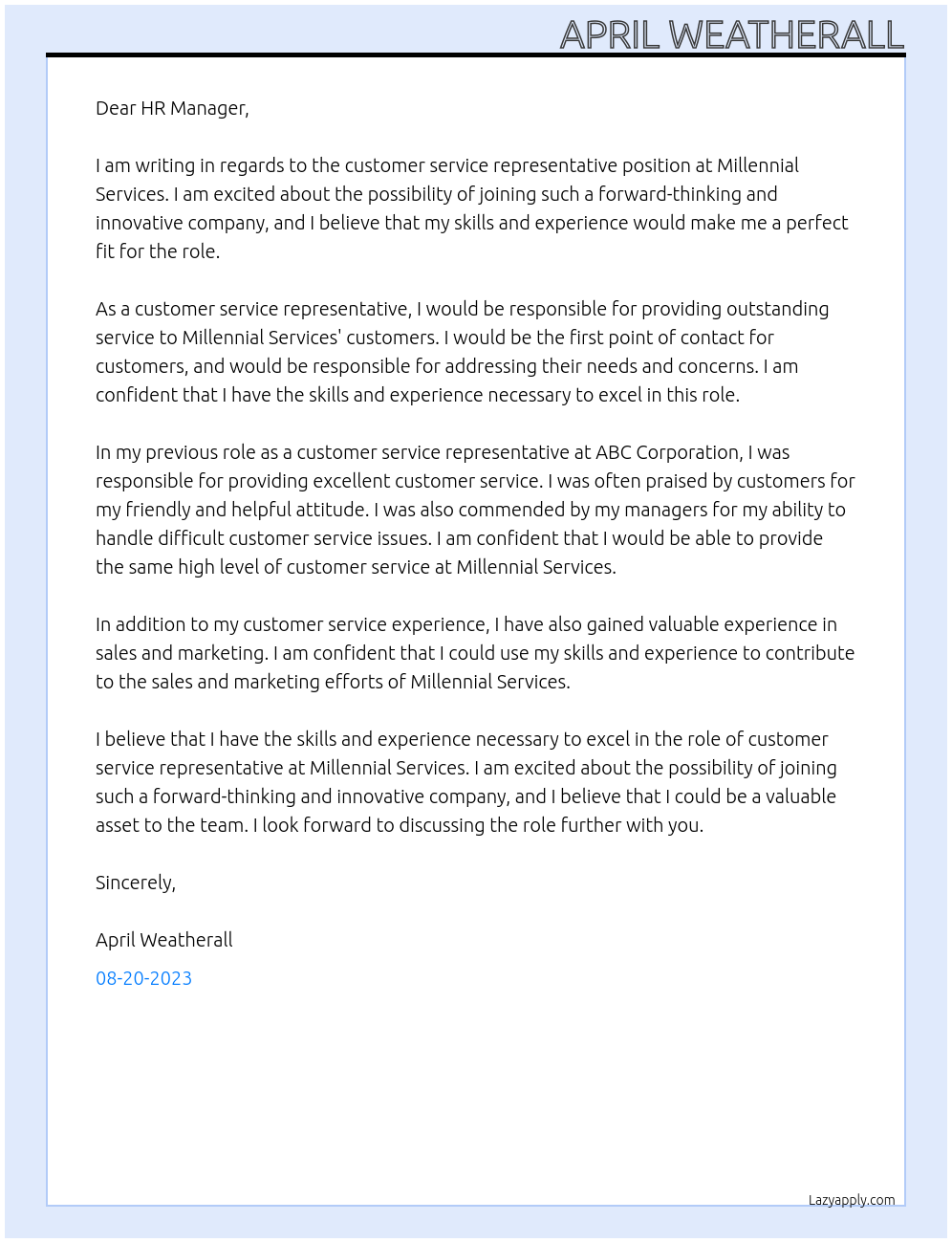 customer service rep At Millennial Services Cover Letter