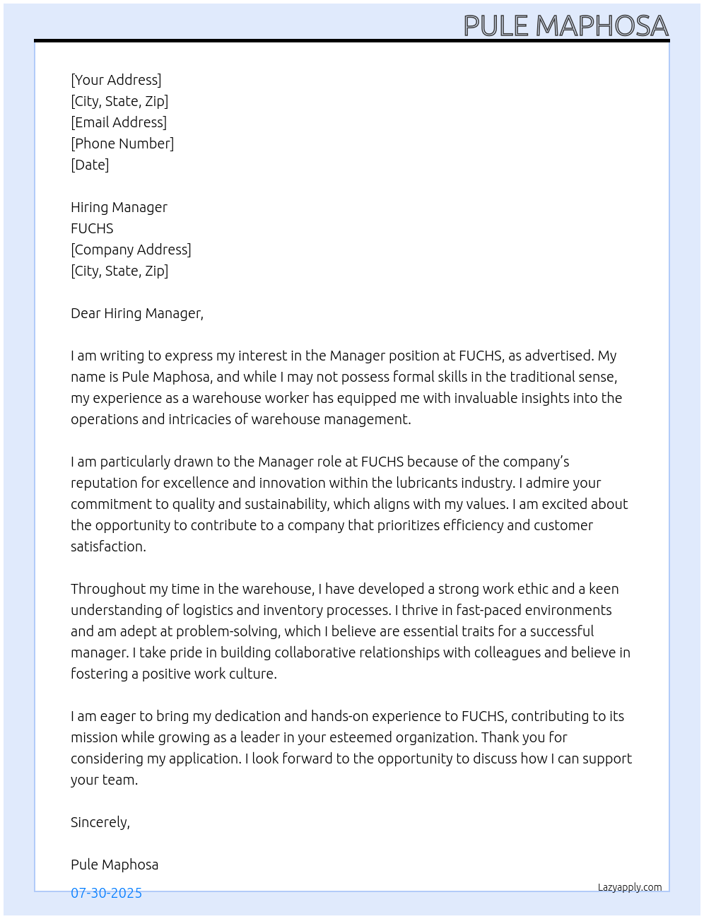 Manager  At FUCHS Cover Letter