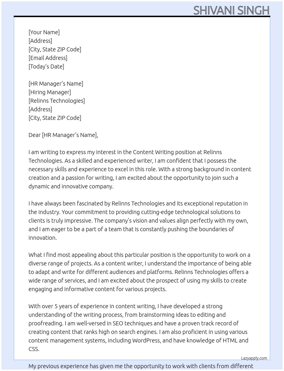 Content Writing At Relinns Technologies Cover Letter