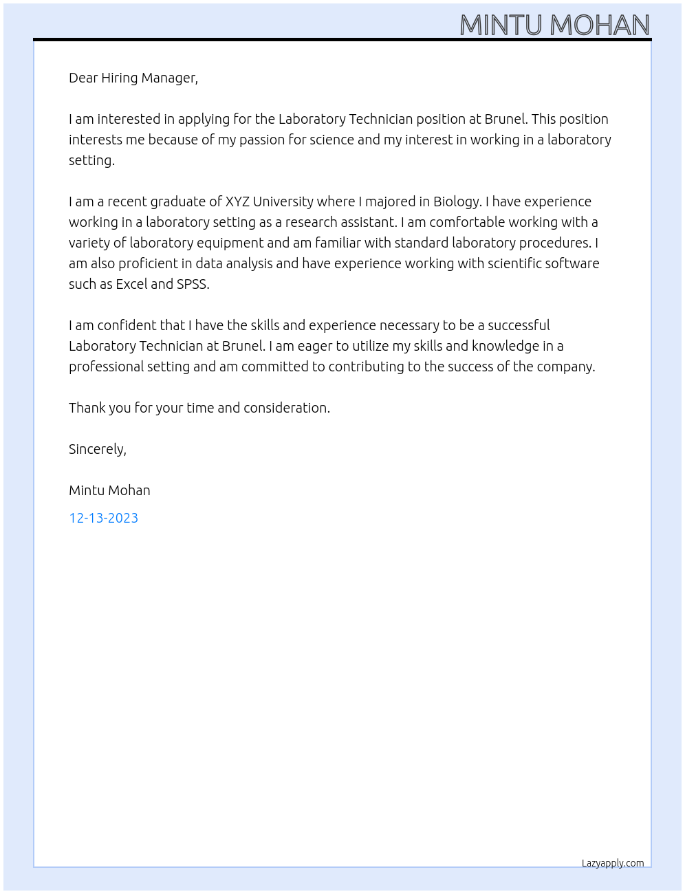 Laboratory Technician At Brunel Cover Letter