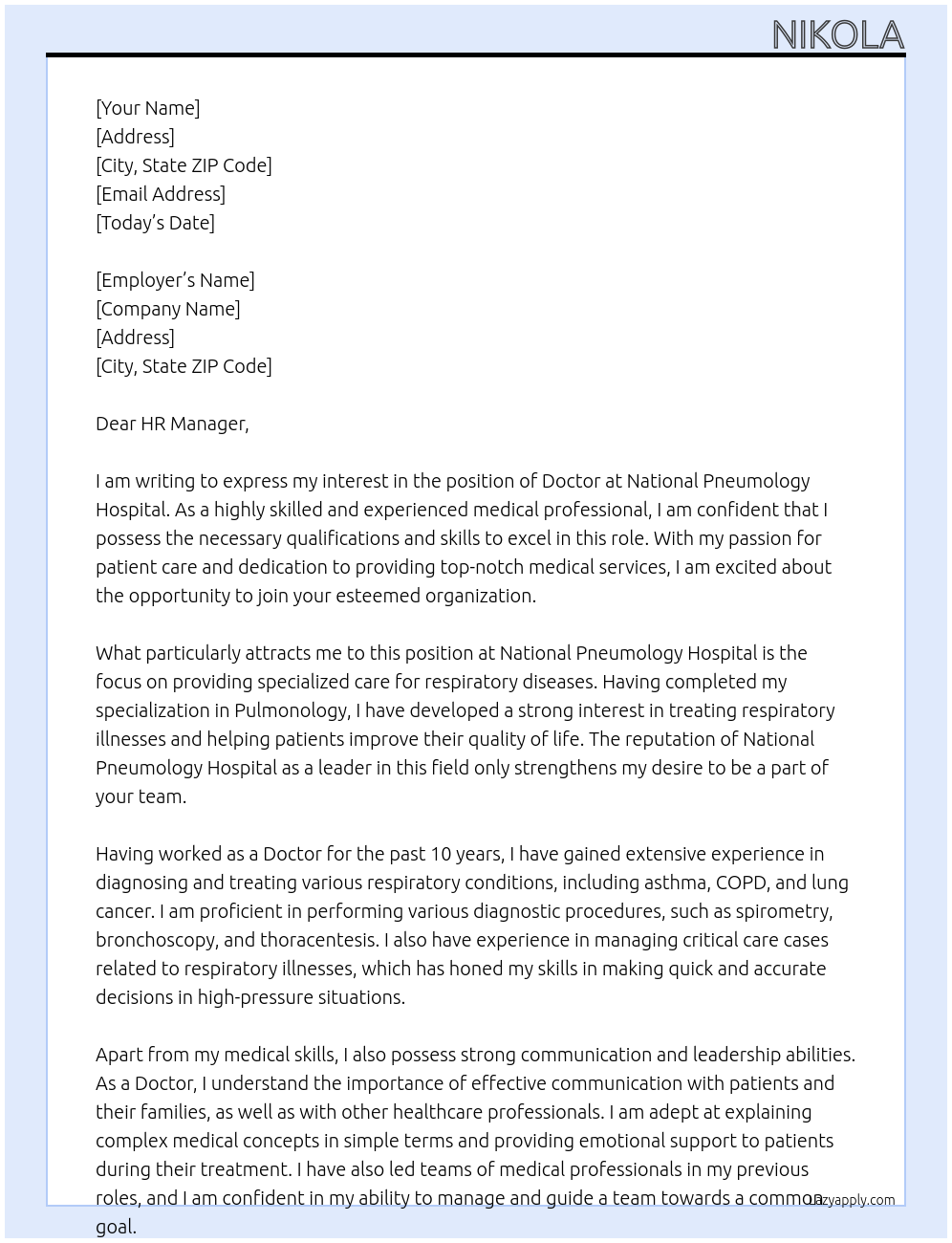 Doctor At National pneumology hospital Cover Letter