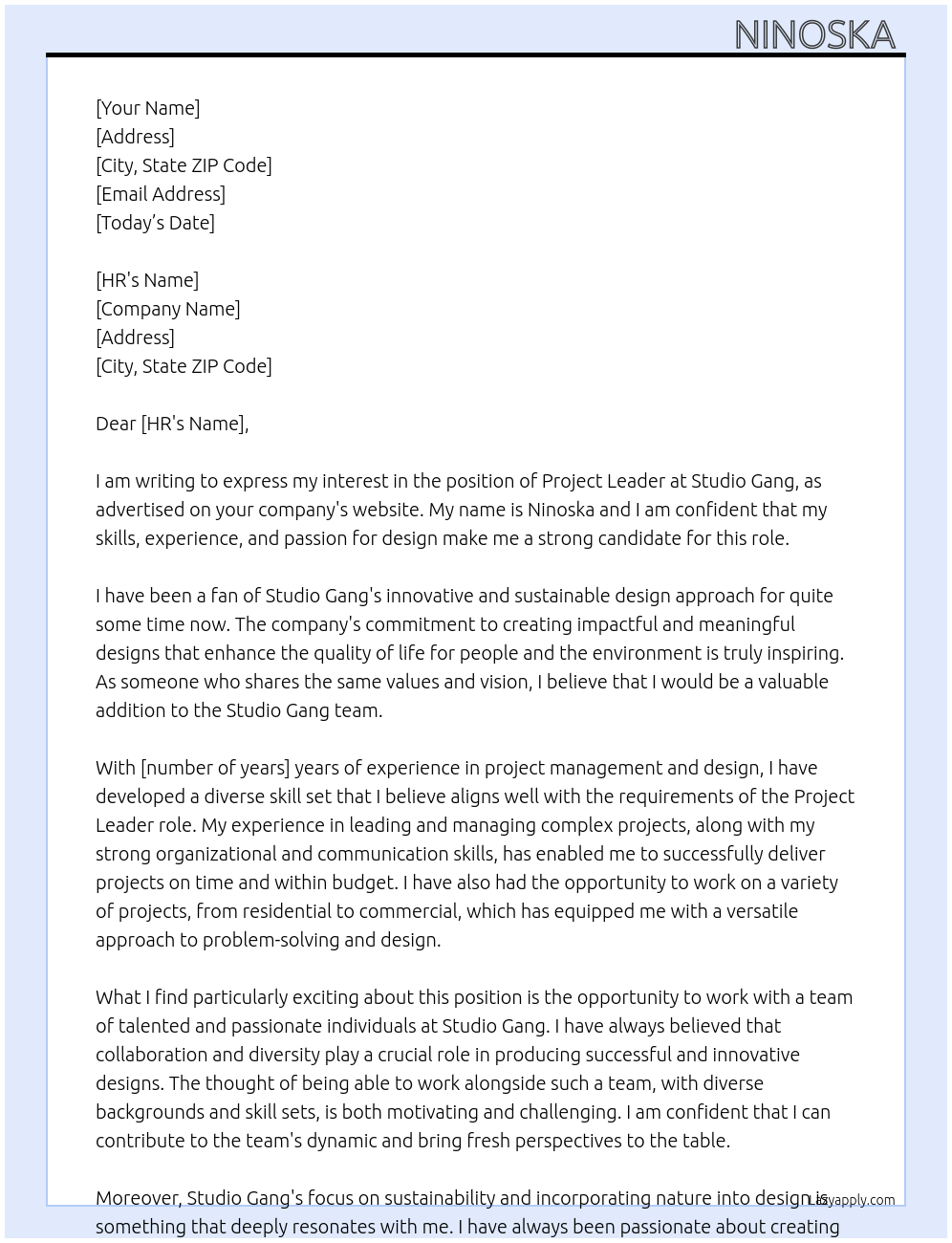 Project Leader At Studio Gang Cover Letter
