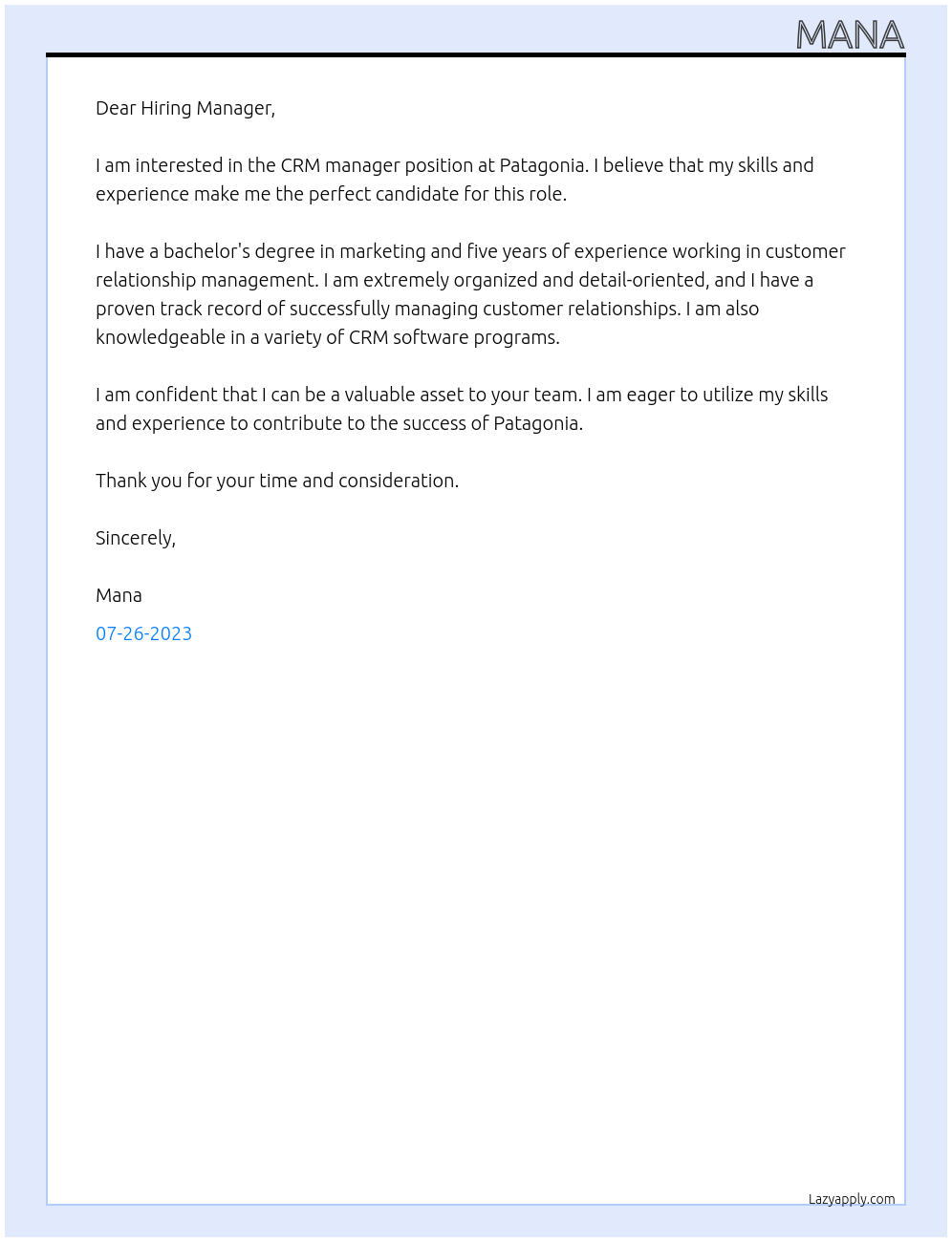 CRM manager At Patagonia Cover Letter